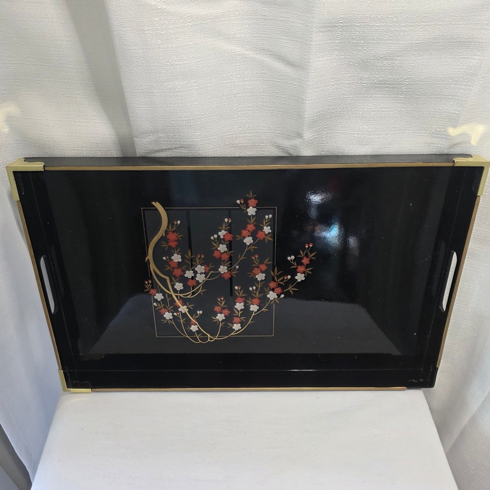 Otagiri Japan Lacquerware Serving Tray Black Cherry Blossom Gold Trim 17in